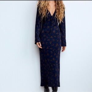 Zara Navy Maxi Dress with Brown Floral Print
